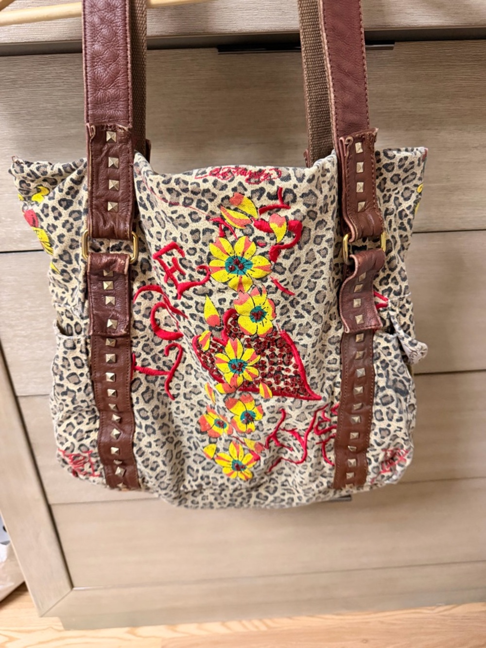 Ed hardy - Distressed Embroidered Leopard print Tote bag with floral